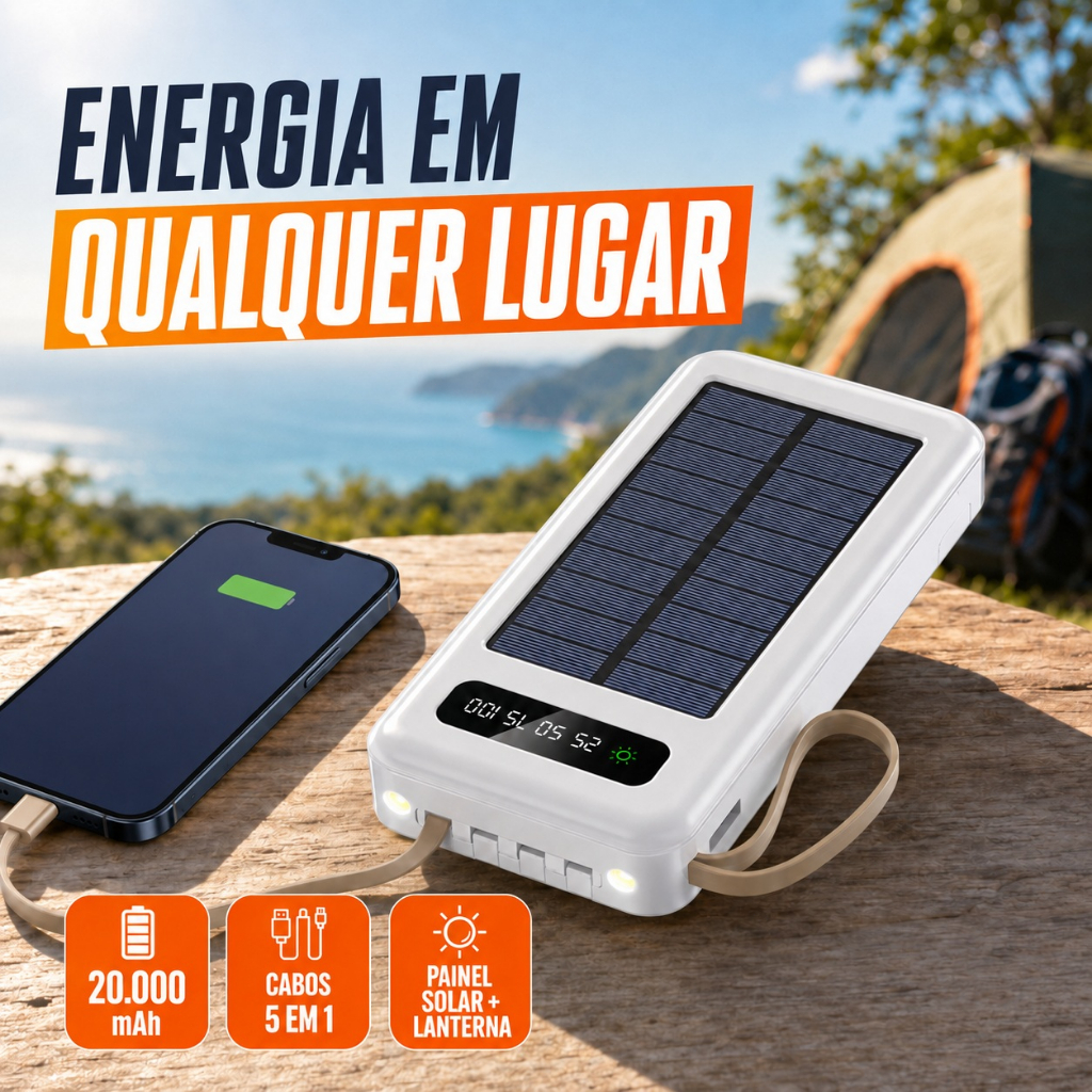 Carregador Portátil Power Bank Solar 20.000mah Com cabos 5 Em1 LED lanterna  FLUX