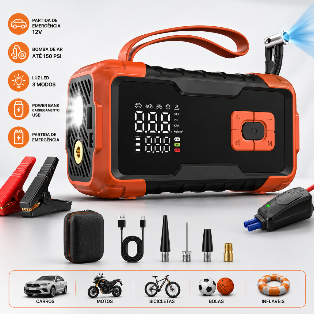 4 em 1 Auxiliar de Partida 26800mAh 150PSI Compressor Ar Portatil Power Bank Lanterna Carregador Bateria 12V Carro Moto