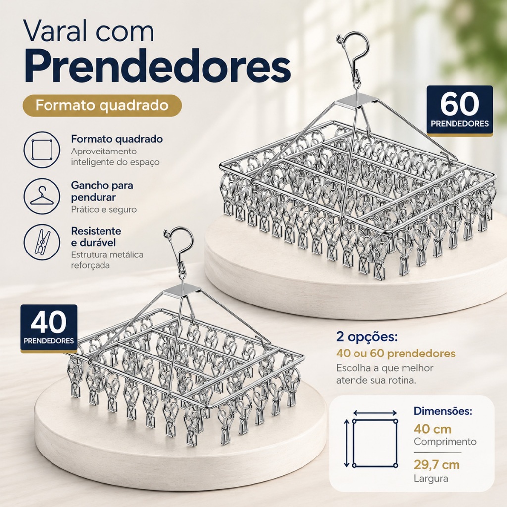 Varal 60/40 Clips Inox Prendedores Roupa Bebe Calcinha Cueca Dobrável Inox