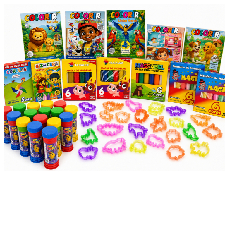 20 Caixas Massinha De Modelar + 20 Bolha Sabão + 20 Giz + 20 Revista Colorir + 20 Cortador Kit Festa
