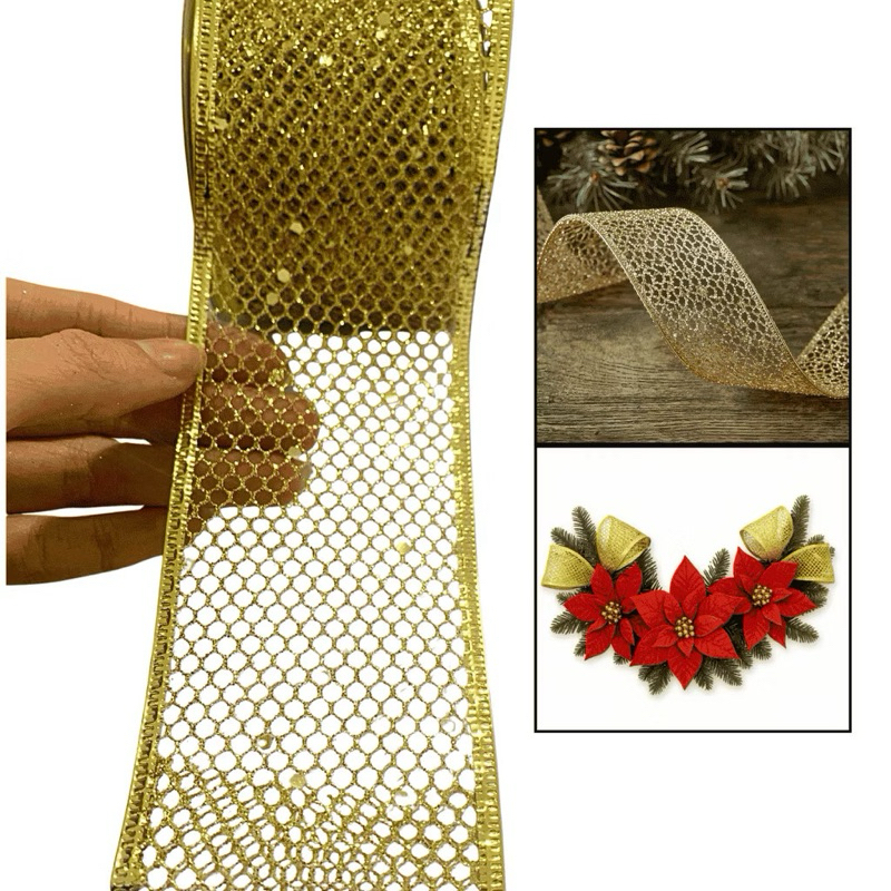 Fita de Natal Aramada Natalina 6,3cm x 9,14m metros dourado