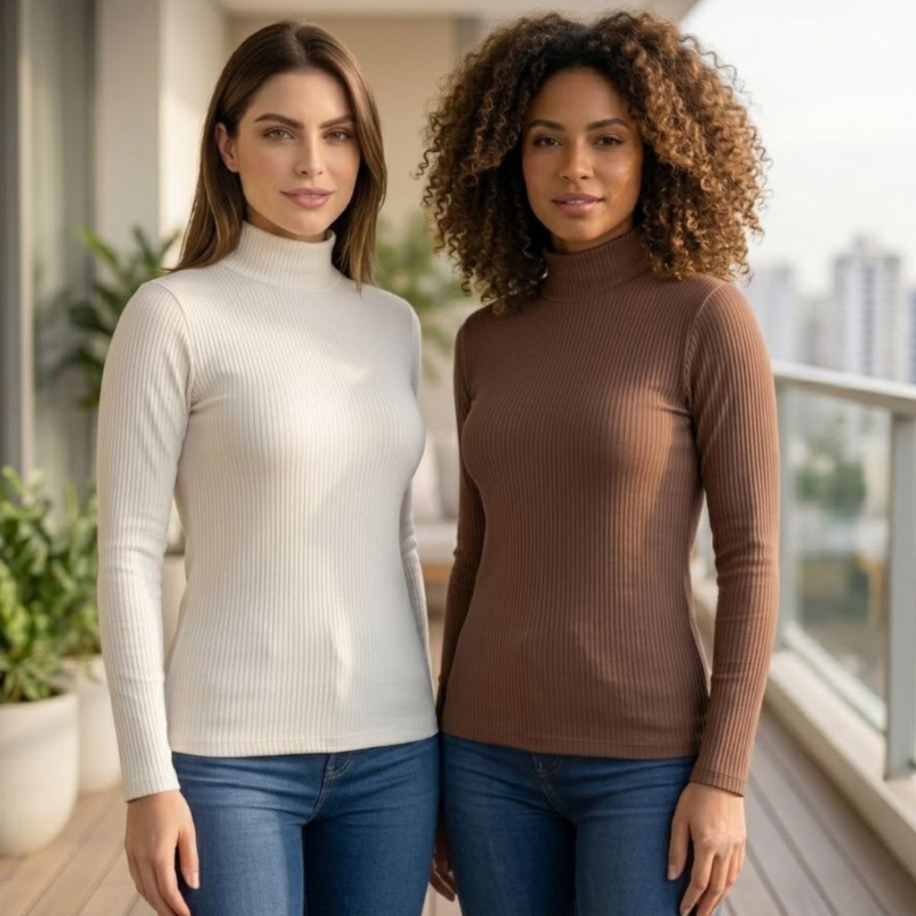 Kit 2 Blusa de Frio Cacharrel Feminina Gola Alta Canelada Básica e Elegante Manga Longa Confortavél