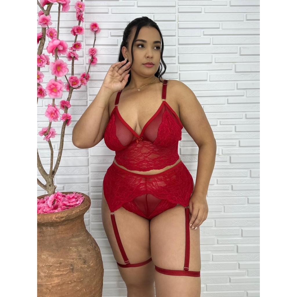Conjunto de Lingerie Plus Size Feminina Luxo com Cinta-Liga Renda Premium Renda com Tule