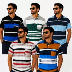 Camisa Polo Masculina Listrada com Bolso 100% Algodão Casual Conforto