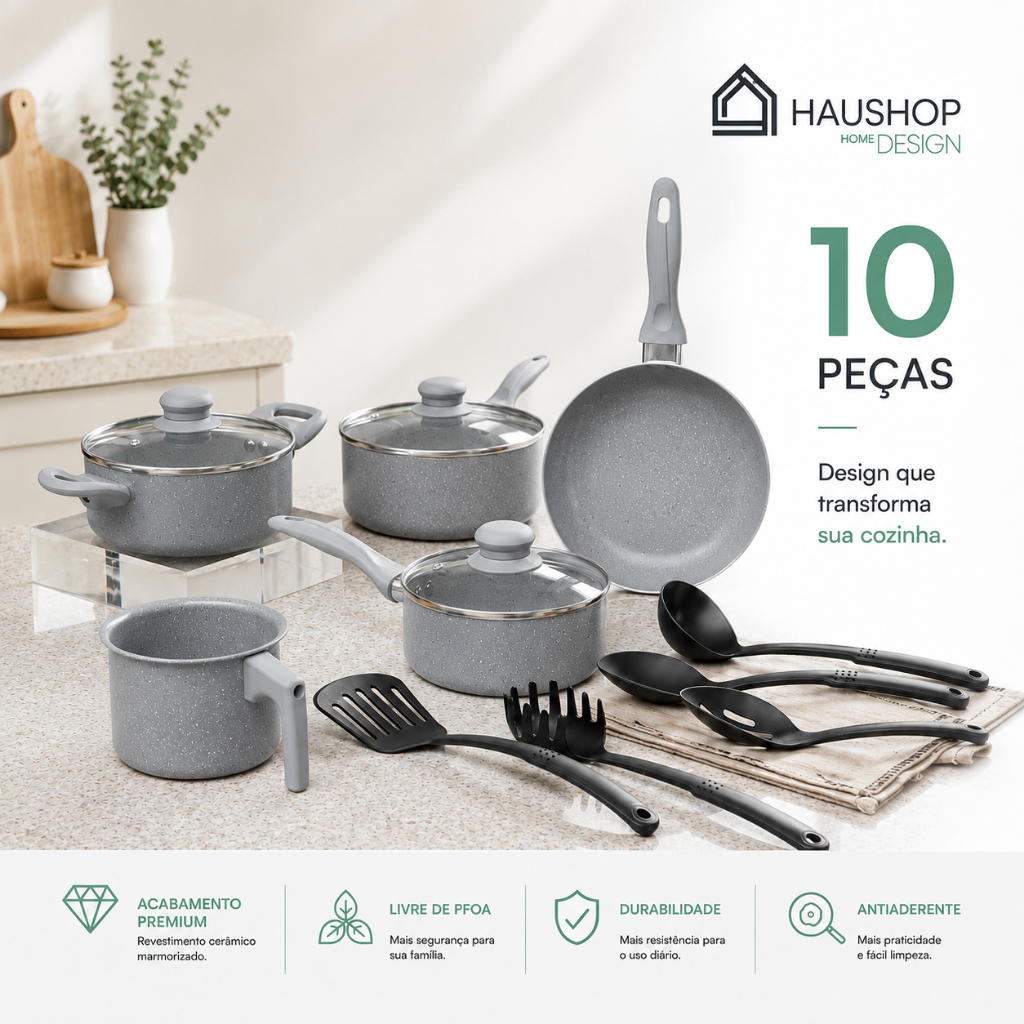 Jogo de Panelas Cerâmico Haushop 10 Peças Antiaderente Marmorizado com Tampa de Vidro Cozinha Completa