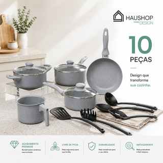 Jogo de Panelas Cerâmico Haushop 10 Peças Antiaderente Marmorizado com Tampa de Vidro Coz…