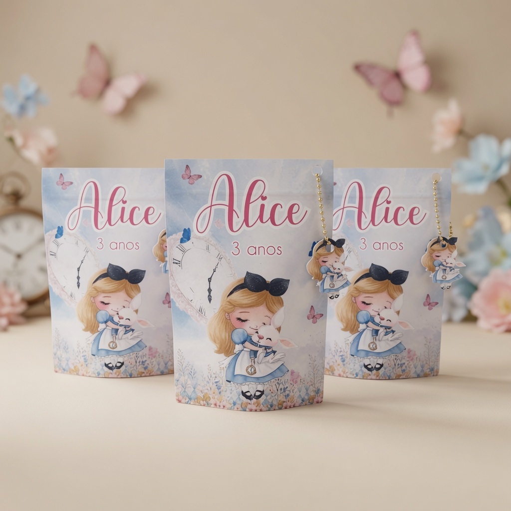 Saquinho Metalizado Alice no País das Maravilhas Baby Personalizado/ Aniversário/ Festa/ Lembrancinha