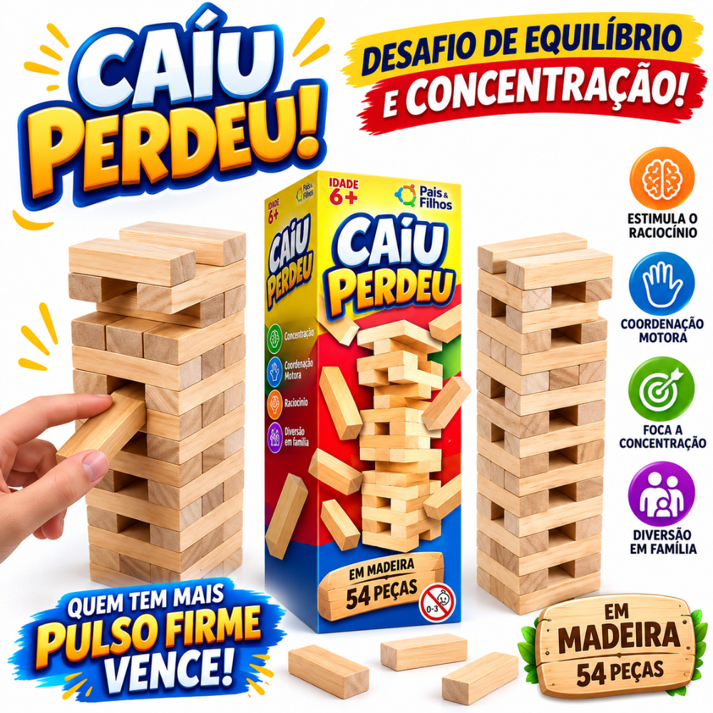 Caiu Perdeu Jogo Torre de Madeira 54 Peças Brinquedo Educativo Família Coordenação Motora Equilíbrio