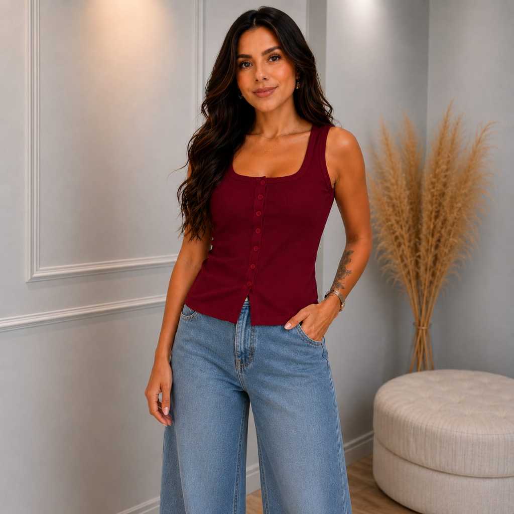 Blusa Feminina Ribana De Algodão Colete Botões Funcionais Look Casual Versátil Elegante Trabalho