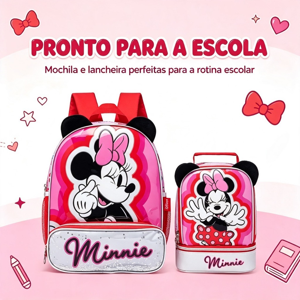 Kit Mochila De Costas Minnie Escolar Infantil Feminina Disney