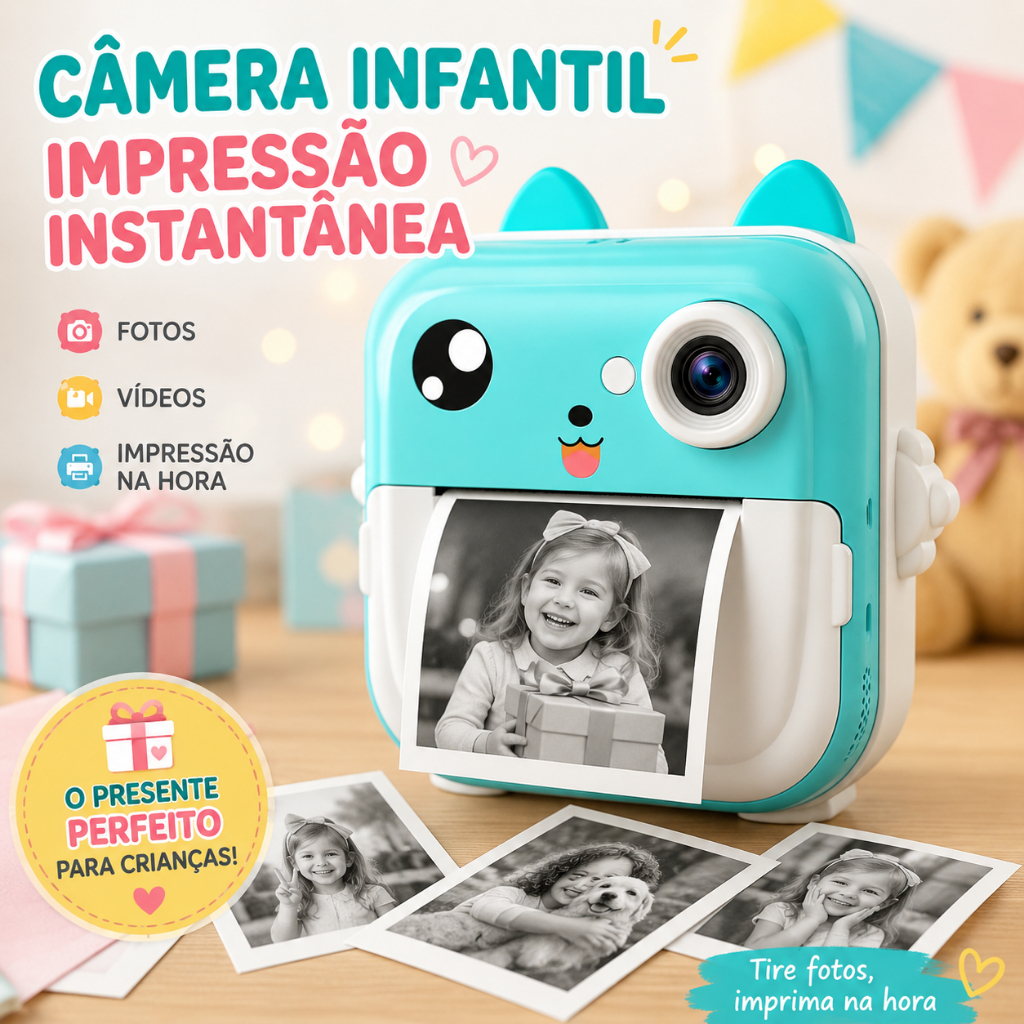 Câmera Infantil com Impressão Instantânea Câmera Fotográfica Digital com Impressora Térmica Foto e Vídeo para Crianças