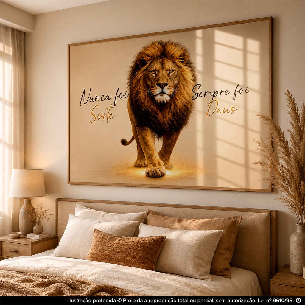 Quadro Decorativo Leão Nunca Foi Sorte Sempre Foi Deus Religioso Cristão para Sala