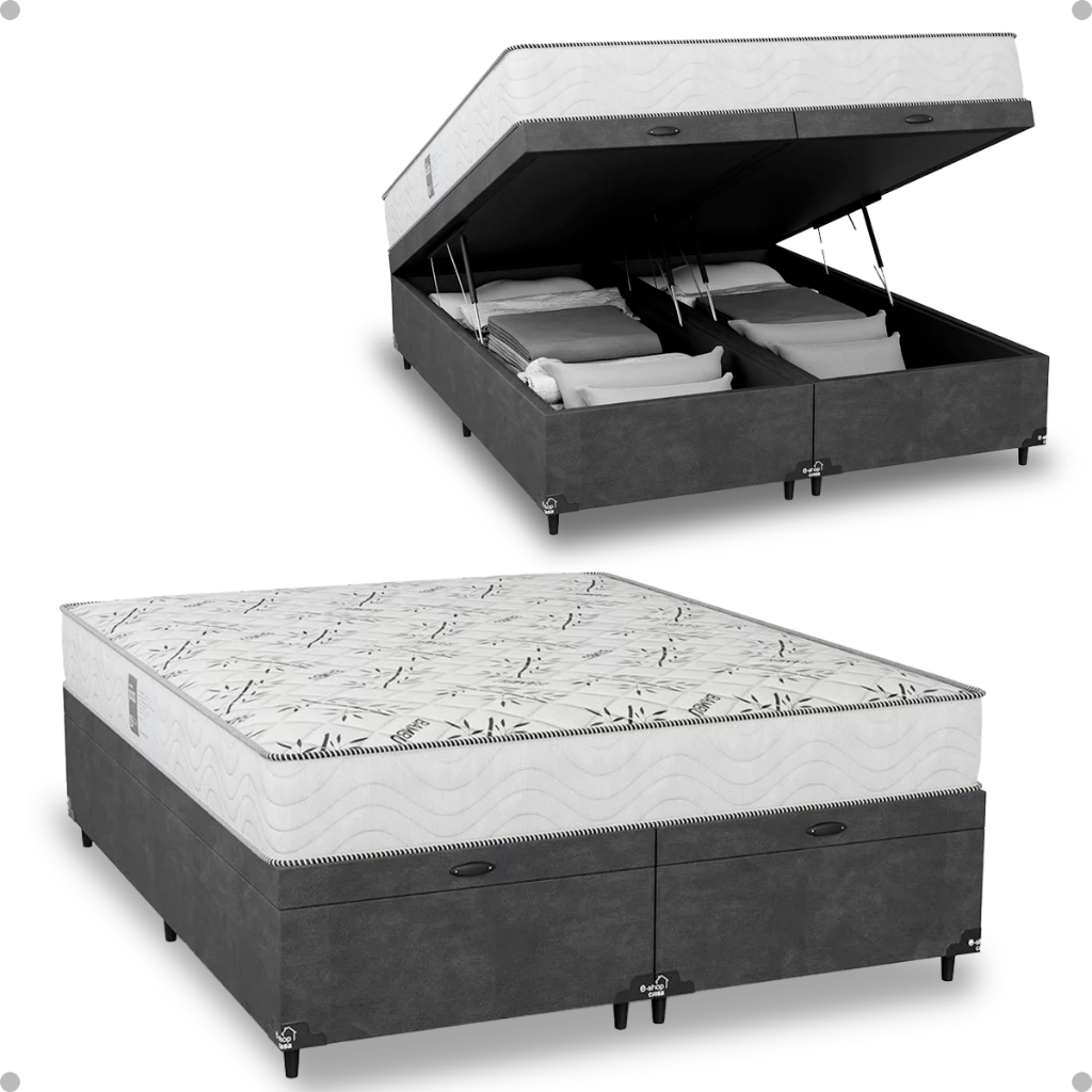 Baú Queen Bipartido Suede Cinza + Colchão D33 One Face Branco- e-Shop Casa