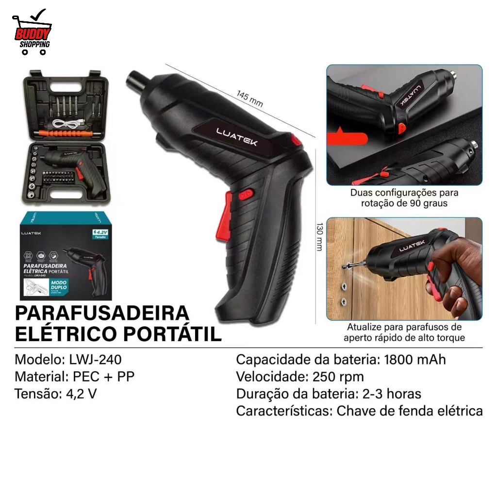 Kit Parafusadeira Elétrica Portátil Dobrável 90° Bateria USB Com Maleta Luatek LWJ-240