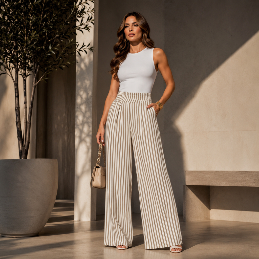 Calça Pantalona Feminina Mia em Viscolinho Cintura Alta Listrada com Bolsos Caimento Solto Elegante