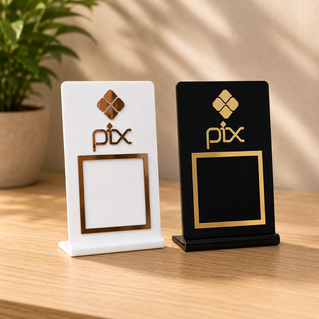 Placa Pix QR Code Acrílico 2mm Suporte de Mesa para Comércio 7,5x12cm