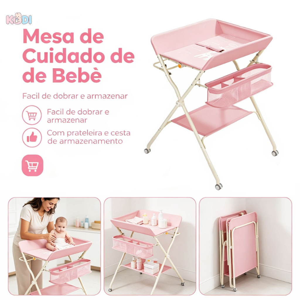 Mesa Trocador de Bebê Dobrável com Rodinhas , Ideal para Banho e Troca de Fralda