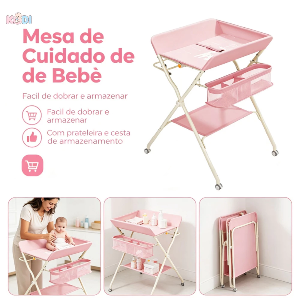 Mesa Trocador de Bebê Dobrável com Rodinhas , Ideal para Banho e Troca de Fraldas -P17