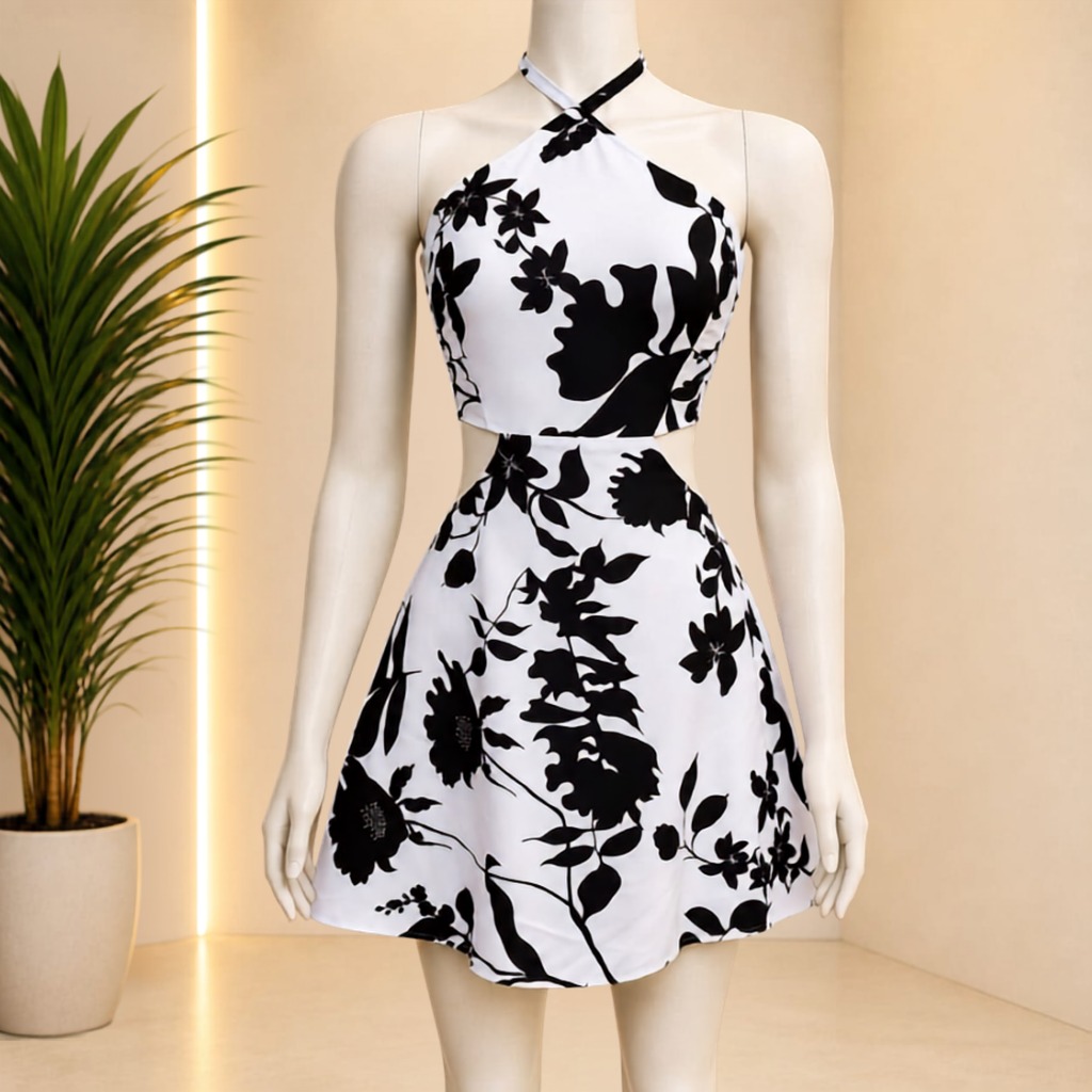 Vestido Curto Feminino Short Saia Cropped com Bojo e Amarração Soltinho Estampado Tropical