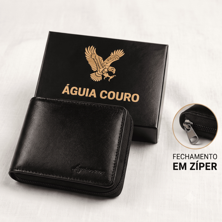 Carteira Masculina em Couro Legítimo com Fecho e Ziper  – Compacta, Elegante e Funcional