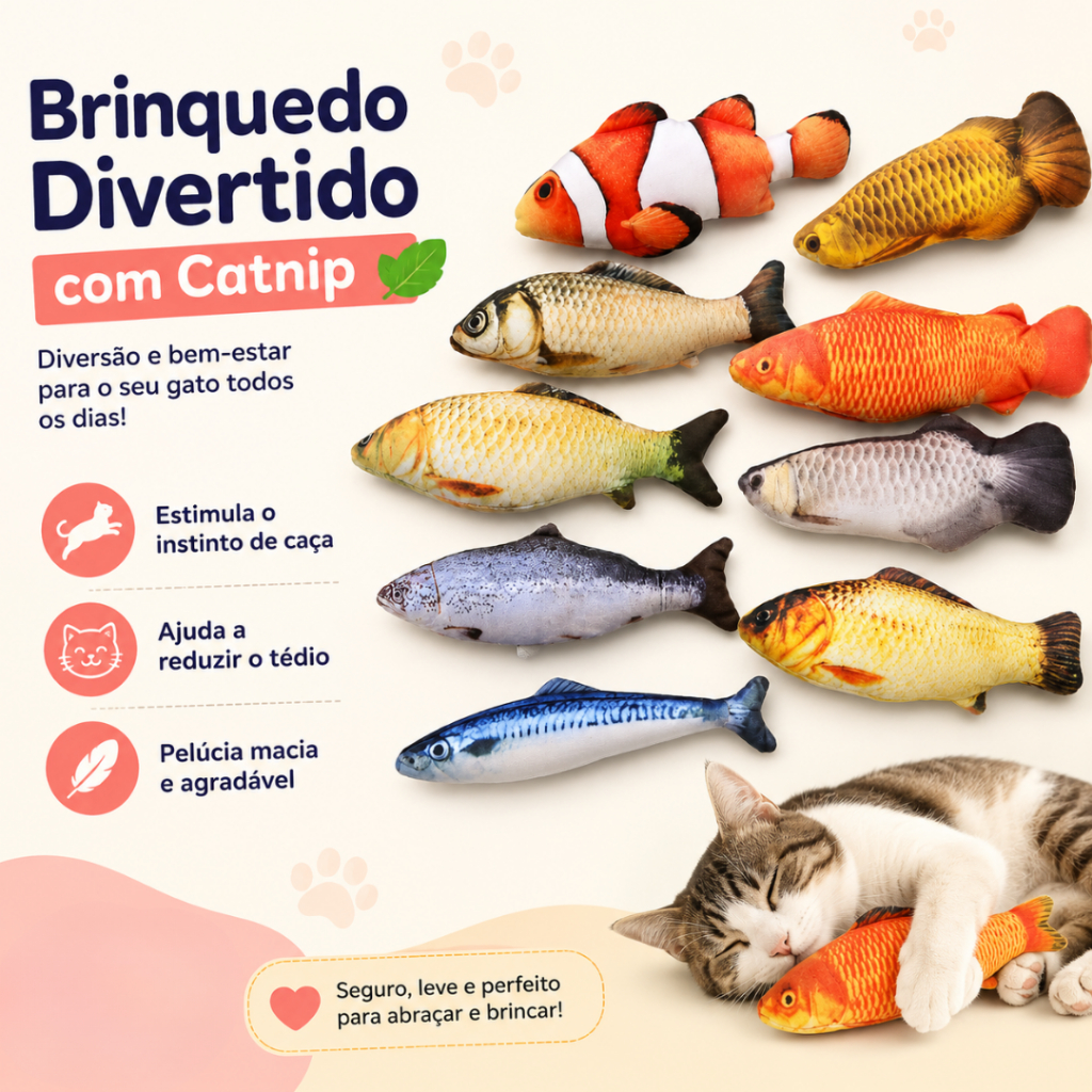 Brinquedo Peixe de Pelúcia com Catnip para Gatos Peixinho Interativo Pet Antiestresse 20cm