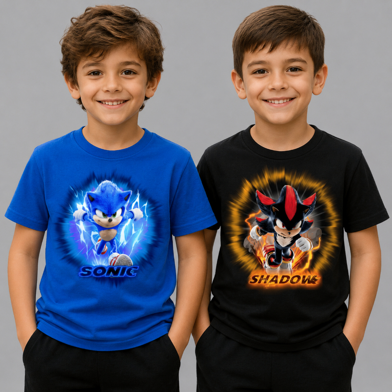 Camiseta Infantil 100% Casual Algodão Sonic e Shadow Estampa DTF Menino Masculino