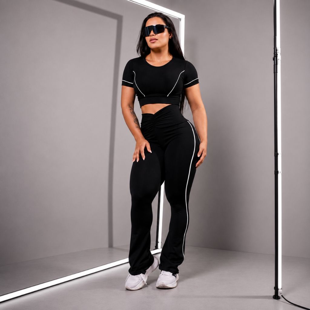 Conjunto Fitness Feminino Calça Flare + Cropped Manga Curta Cintura Alta Moda Academia Preto com Detalhes Brancos Tecido