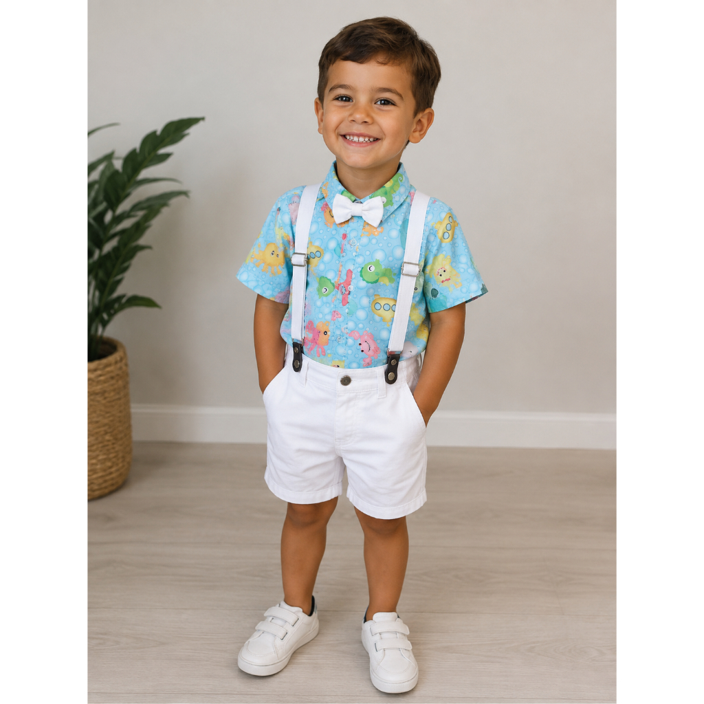 Tematico Camisa fantasia Aniversario Menino Fundo do Mar animais marinhos baleia MERGULHADOR bebe CONJUNTO ROUPA SOCIAL