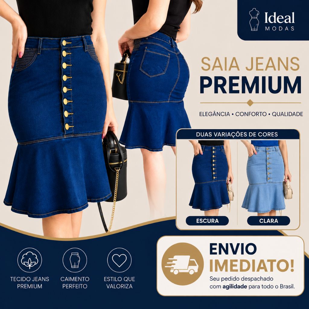 Saia Jeans Feminina Midi Cintura Alta Elastano Sereia Babado Botões Presente Moda Cristã Evangelica