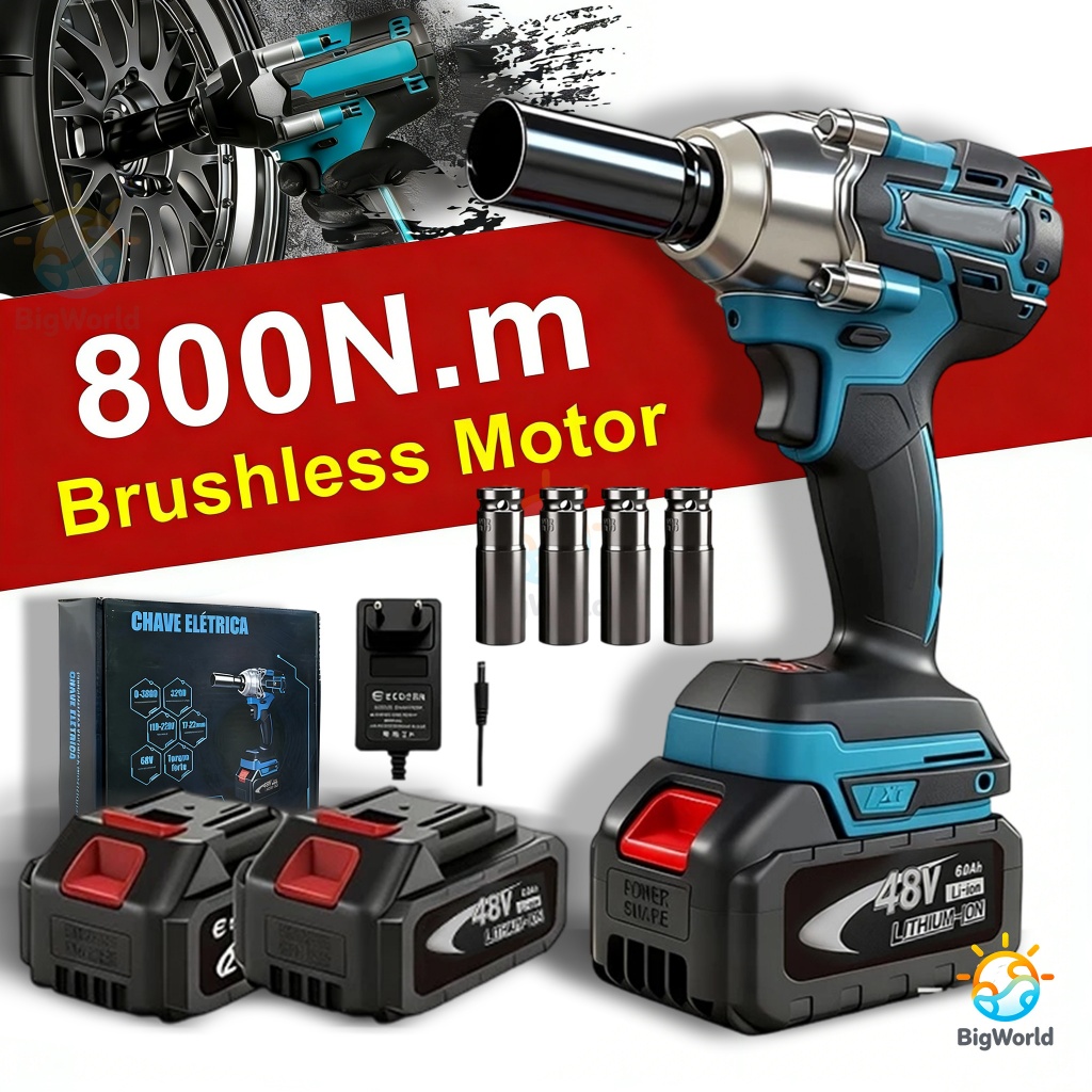 Chave de Impacto Parafusadeira 48V com 2 Baterias Alta Performance e torque sem escova e 800 Nm