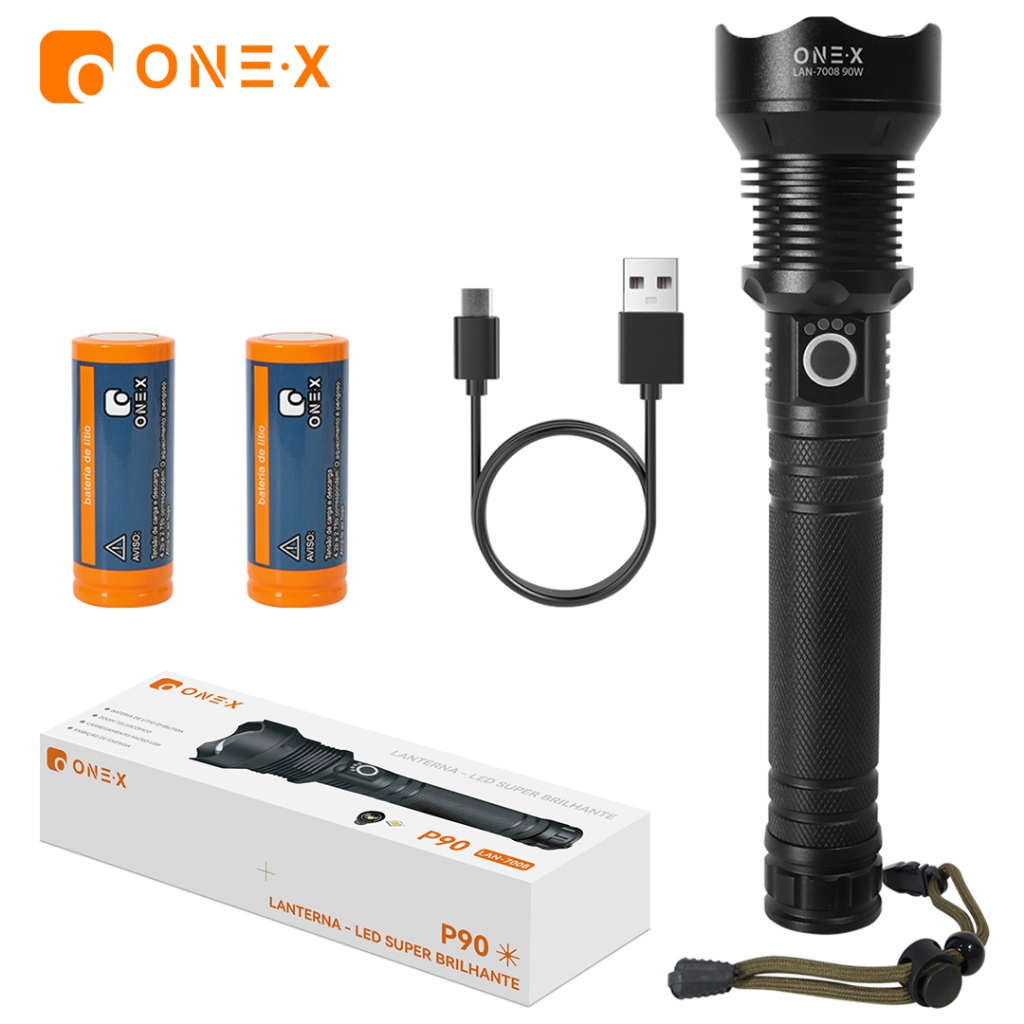 Lanterna LED Recarregável P90 Super Brilhante USB 1500mAh Iluminação Potente