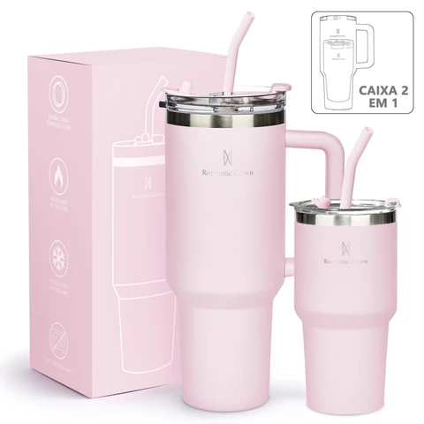 ROMANTIC CROWN Kit 2 Copo Térmico Inox 1200ml/600ml Garrafa Térmica Inoxidável com Tampa e Canudo