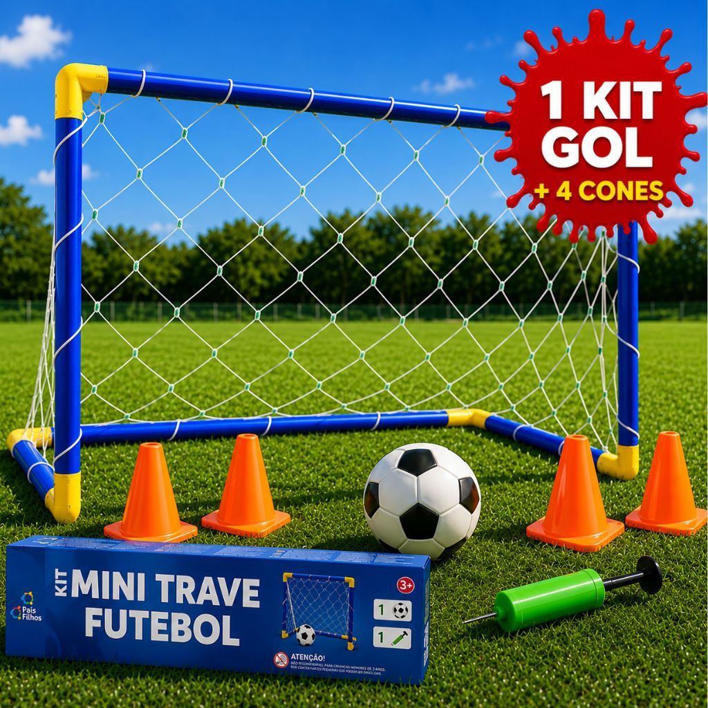 Kit Mini Trave com Rede + Bola + Bomba de Encher Trave Golzinho Futebol Infantil + 4 Cones Treino