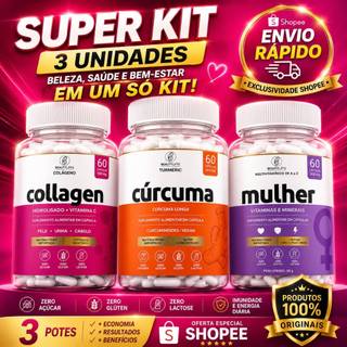 SUPERT Kit Colágeno + Cúrcuma + Multivitamínico Mulher Beauty Liffe 60 caps - Envio Imediato