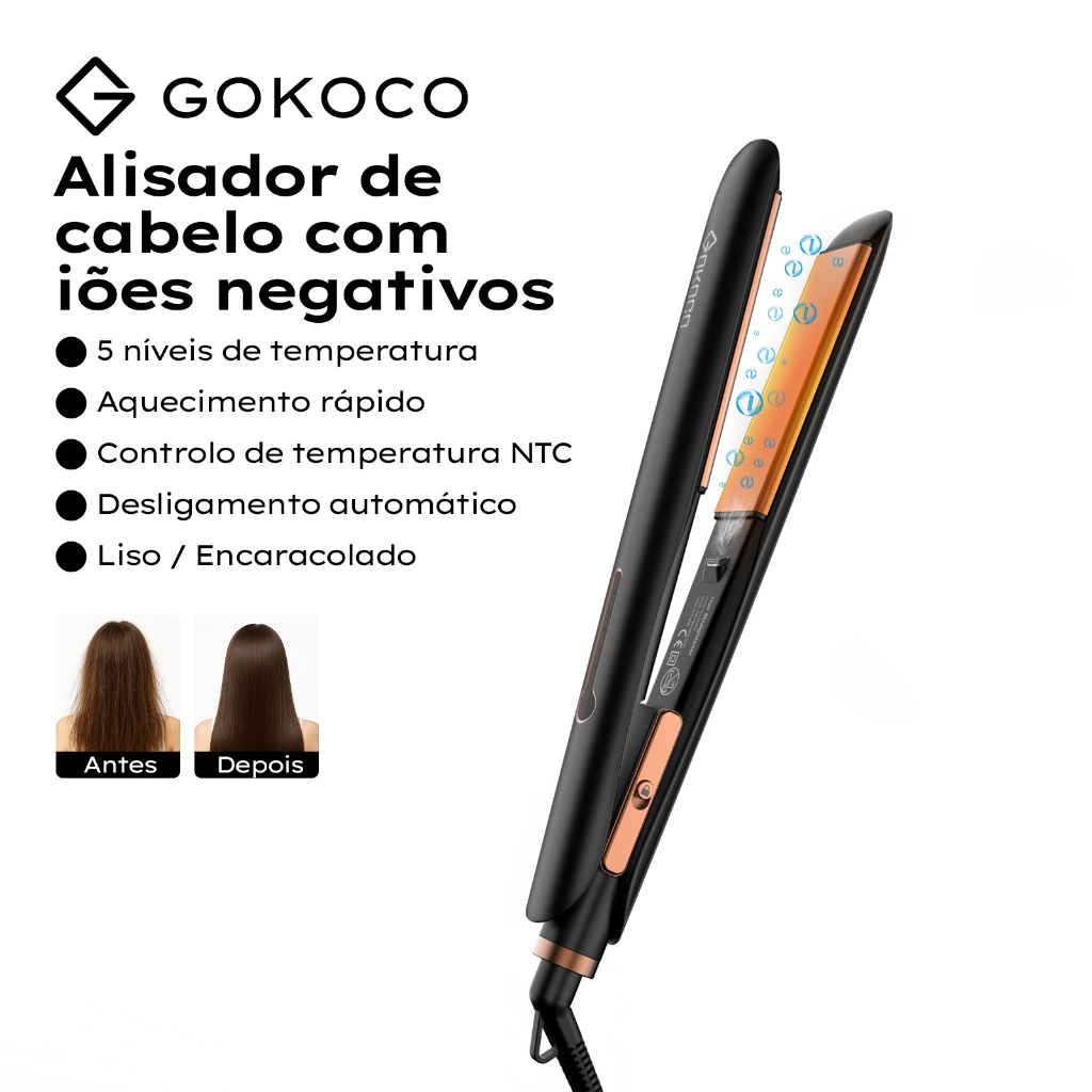 GOKOCO Alisador De Cabelo De lons Negativos Desligamento Automático Aquecimento Rápido Controle De Calor NTC Liso/Cachos