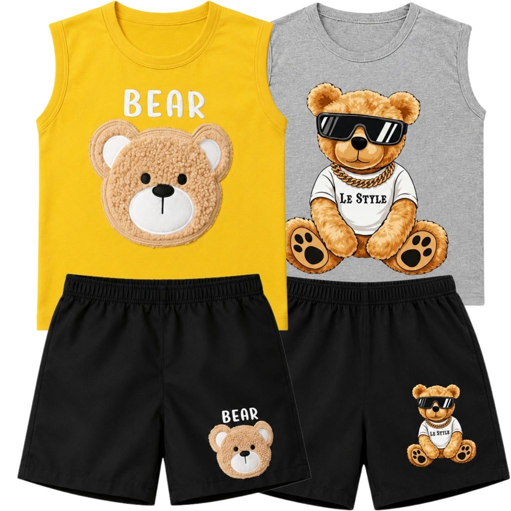Kit 2 Conjunto Infantil Verão Masculino Regata + Bermuda Tactel Sortidos Urso Básico Confortável