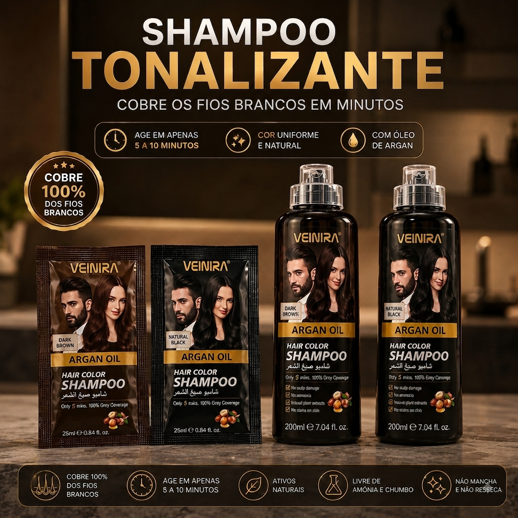 Shampoo Tonalizante Veinira Cobre fios brancos 5 a 10 min cabelo e barba preto ou castanho 25ml ou 200ml