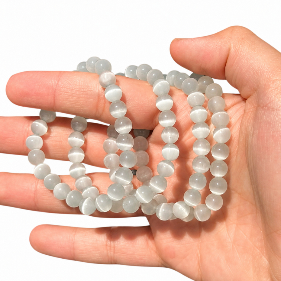 Pulseira Pedra Selenita Natural 8mm Cristal De Limpeza Energética Unissex