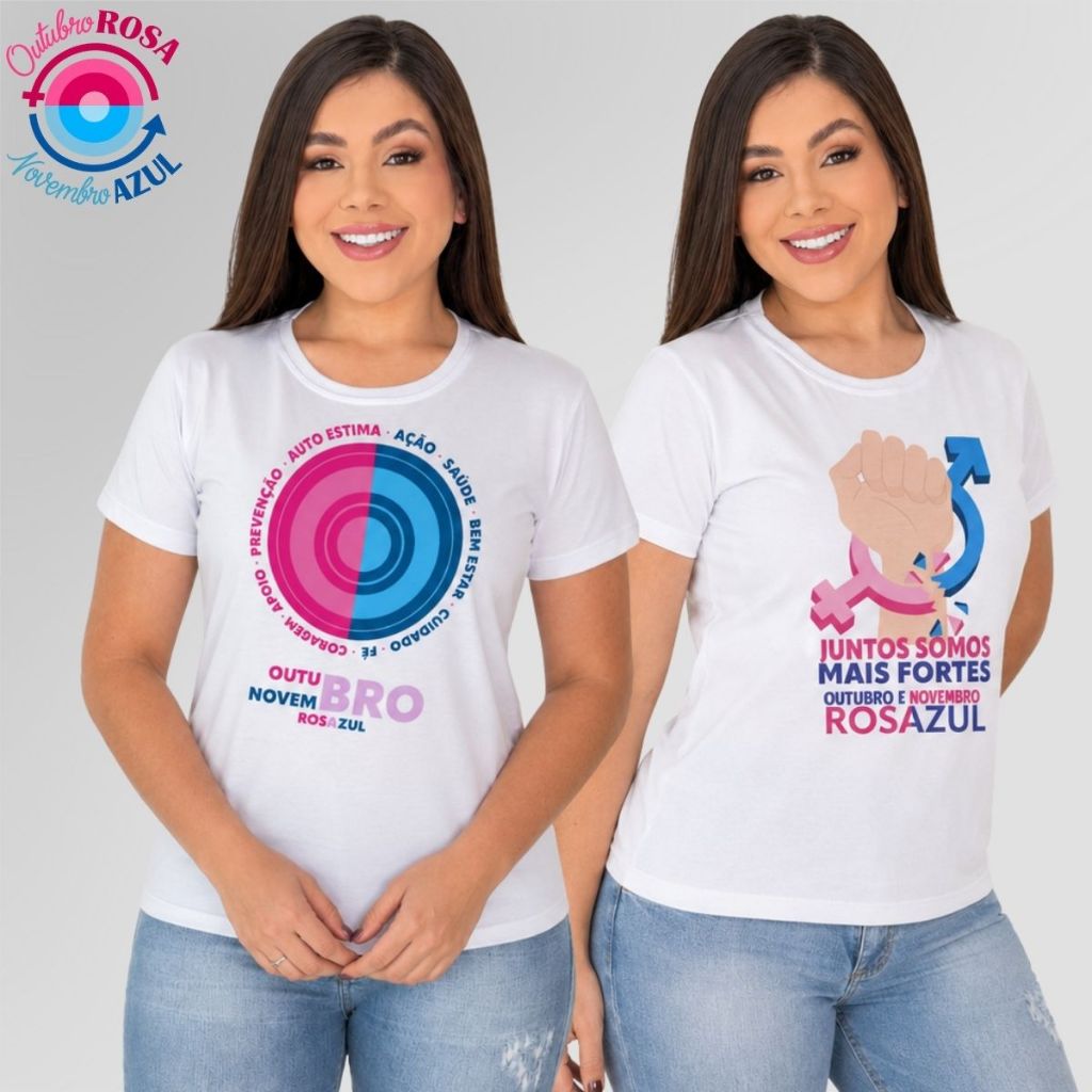Tshirts Blusa Baby Look Camiseta Outubro Rosa e Novembro Azul Camiseta Branca Estampada