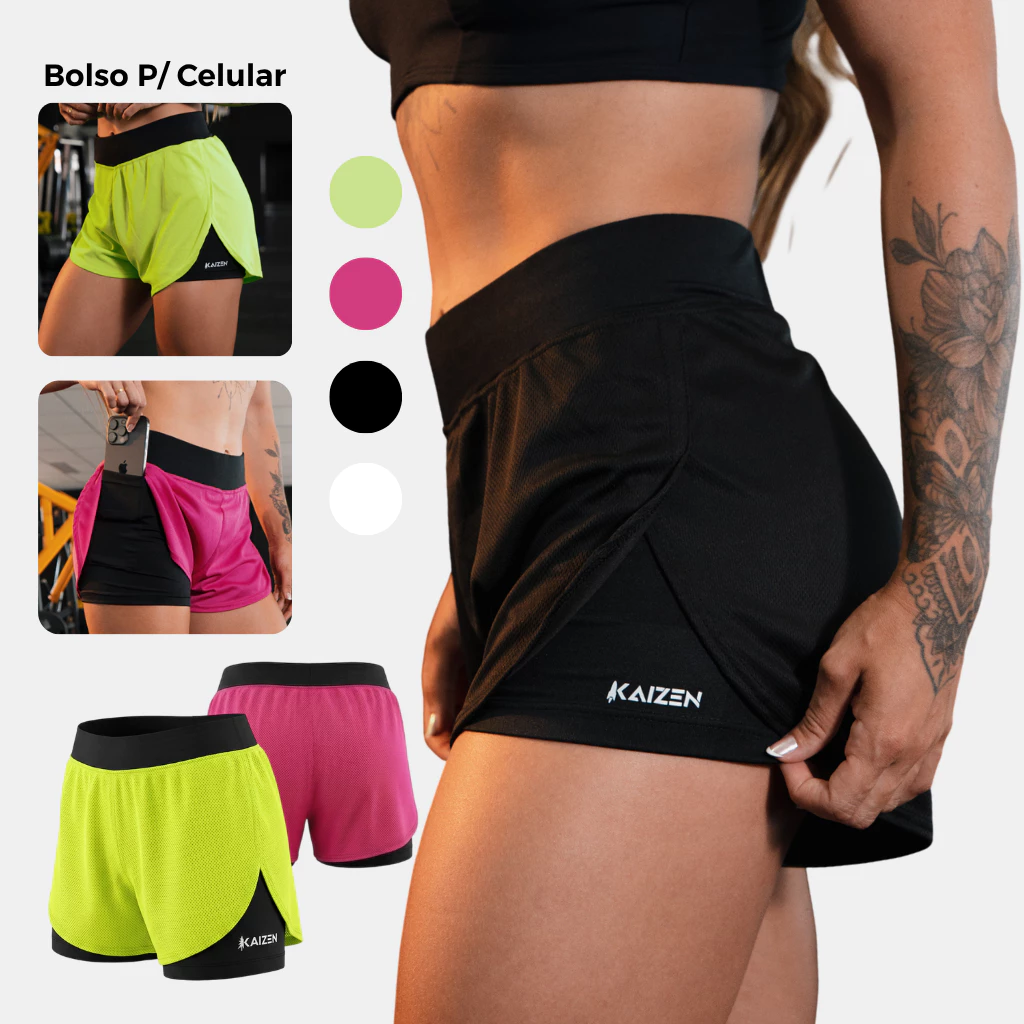 Shorts Feminino 2 em 1 Dry Fit Com Bolso Porta Celular Kaizen para Academia Treinar — imagem 1