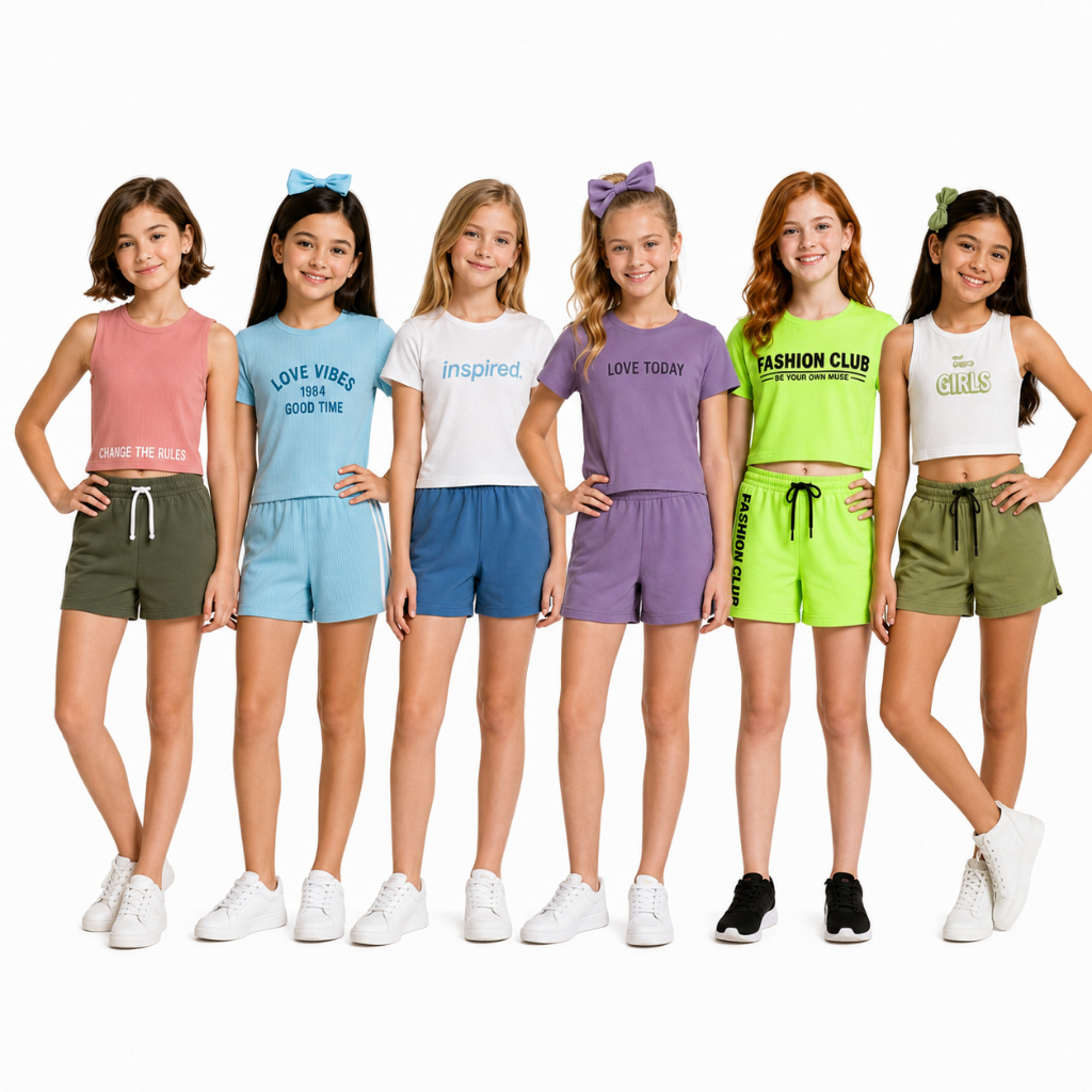 Kit 5 Conjuntos Blusa Shorts Verao Menina Juvenil Estampados Sortidos 100% Algodão Tamanhos 10 ao 16