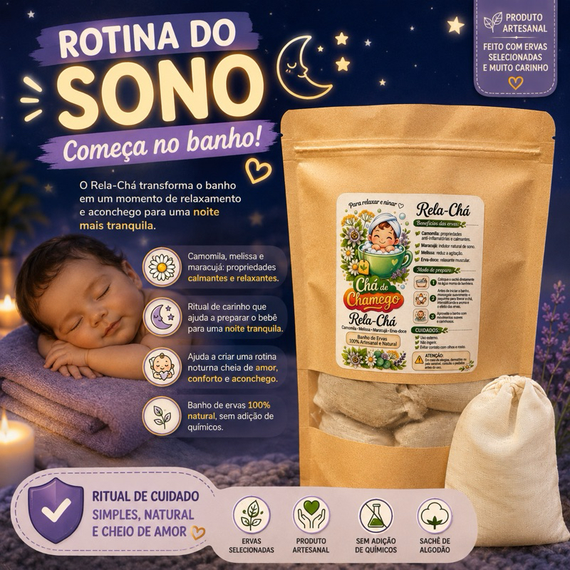BEBÊ NÃO QUER DORMIR? 🌙 Rela-Chá – Banho de Ervas para Relaxar e Induzir o Sono | 7 Sachês – Rende até 42 Banhos