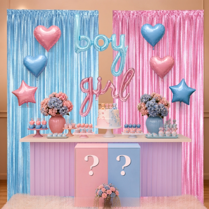 Kit Decoração Festa c/ 2 Cortinas metalizadas 1x2m, Balões GIrl e Boy, Balões Estrela e Coração 9"