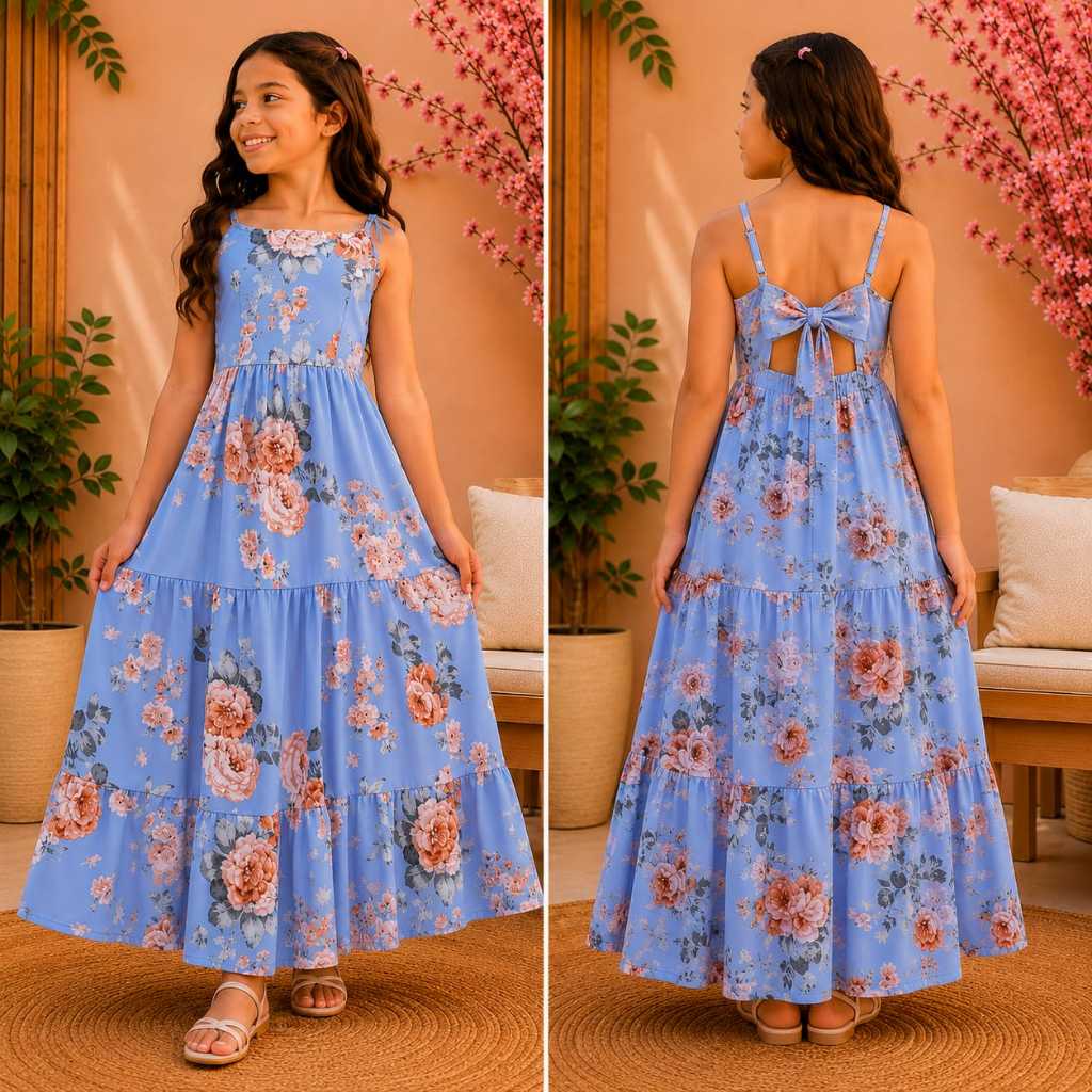 Vestido Infantil Longo Três Marias Estampado Premium Menina Juvenil Alça de Amarrar Lançamento 4 ao 16 Anos