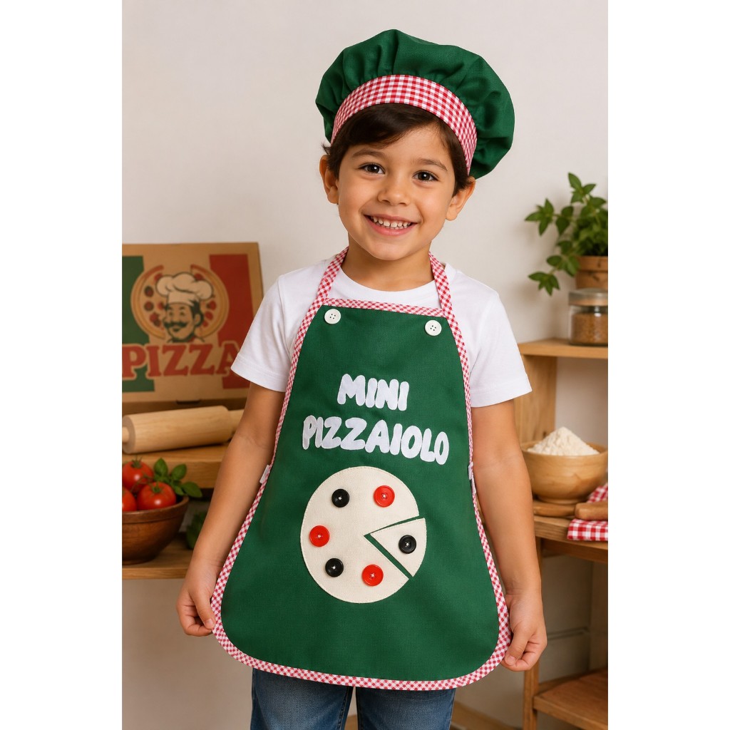 kit Mini Pizzaiolo Infantil Avental e touca Chef Cozinheiro Criança
