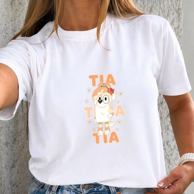 Camiseta Camisa Blusa Feminina 100%Algodão Bluey e Bingo, Tia estilosa delicada Mulher
