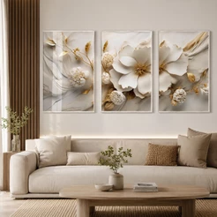 Quadro Decorativo Floral 3 Telas Com Moldura Para Sala Quarto Com Vidro