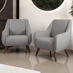 Kit 02 Poltronas Decorativa Fixa Pés de Madeira Paloma D02 Linho Cinza C-416 - Lyam Decor