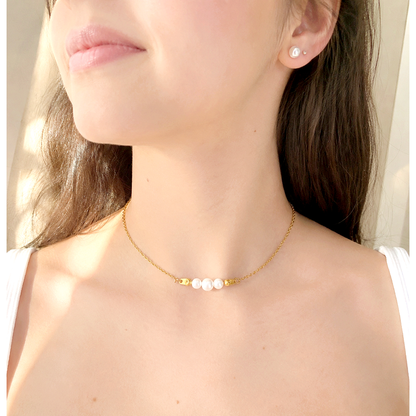 2 pçs Kit Colar Dourado Folheado com Pérolas - Colar Feminino Ouro Folheado e Brinco de Pérola [ Kit Colar e Brinco ]