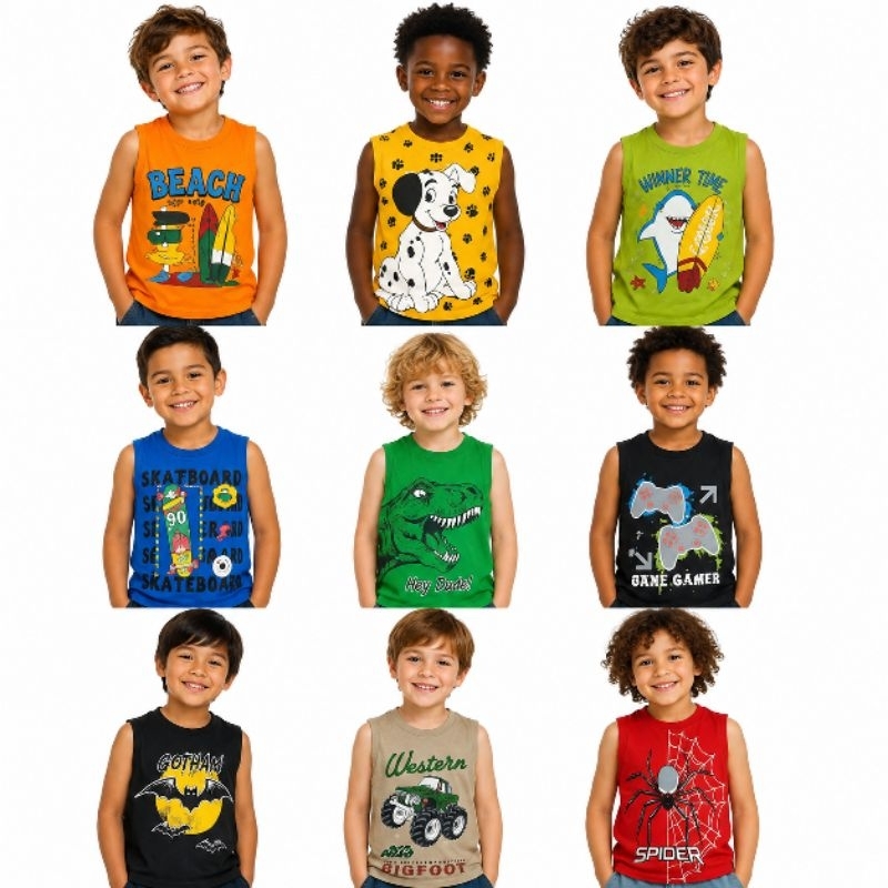 Regata infantil de menino malha 100% algodão, estampas variadas.